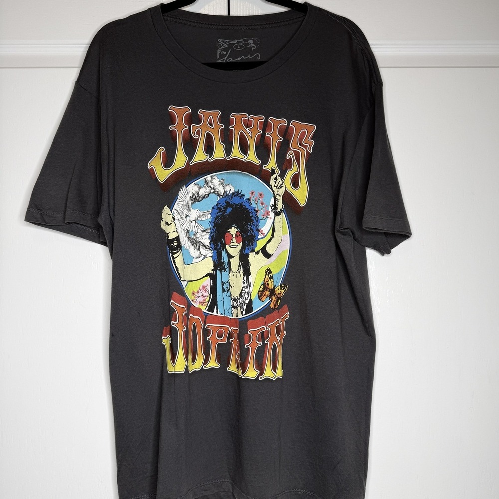 Janis Joplin Shirt Mens Large Gray Psychedelic Graphic Tee Rock Band Music